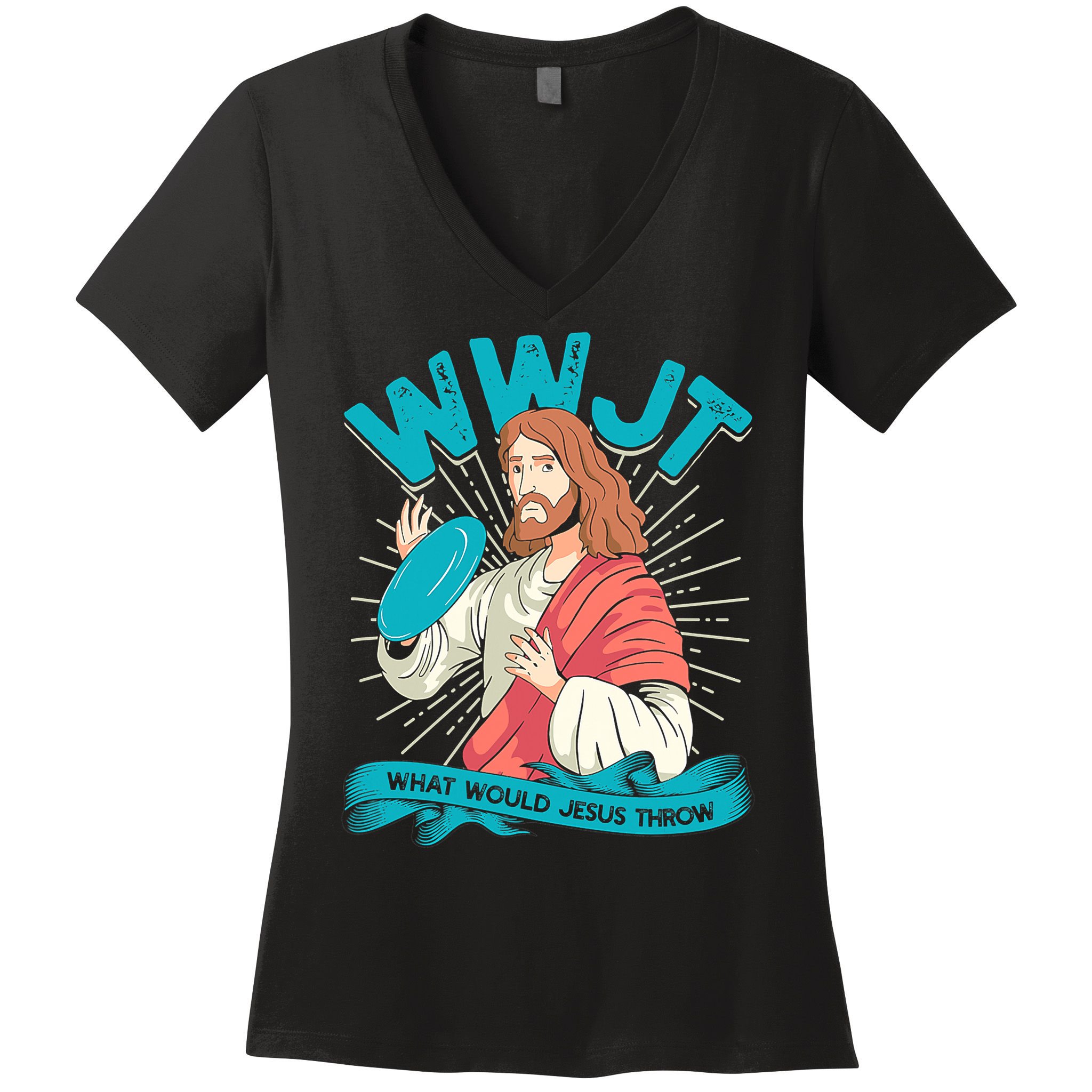 Funny WWJT What Would Jesus Throw Frisbee Disc Golf Sport Women's V-Neck T-Shirt