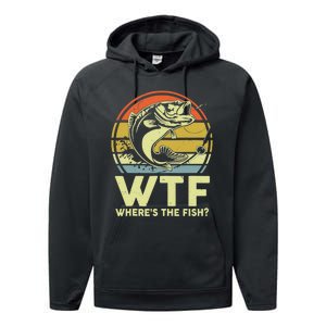 Fishing WTF Wheres The Fish Fisherman Funny Bass Dad Performance Fleece Hoodie