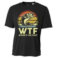 Fishing WTF Wheres The Fish Fisherman Funny Bass Dad Cooling Performance Crew T-Shirt