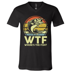 Fishing WTF Wheres The Fish Fisherman Funny Bass Dad V-Neck T-Shirt