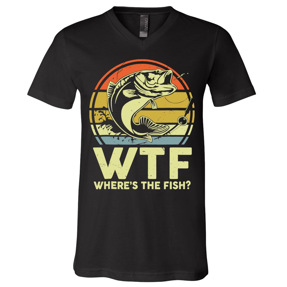 Fishing WTF Wheres The Fish Fisherman Funny Bass Dad V-Neck T-Shirt