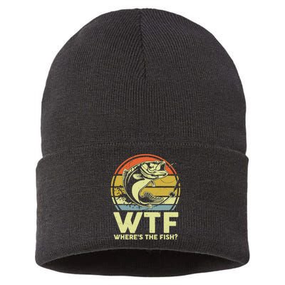 Fishing WTF Wheres The Fish Fisherman Funny Bass Dad Sustainable Knit Beanie