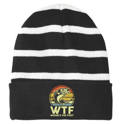 Fishing WTF Wheres The Fish Fisherman Funny Bass Dad Striped Beanie with Solid Band