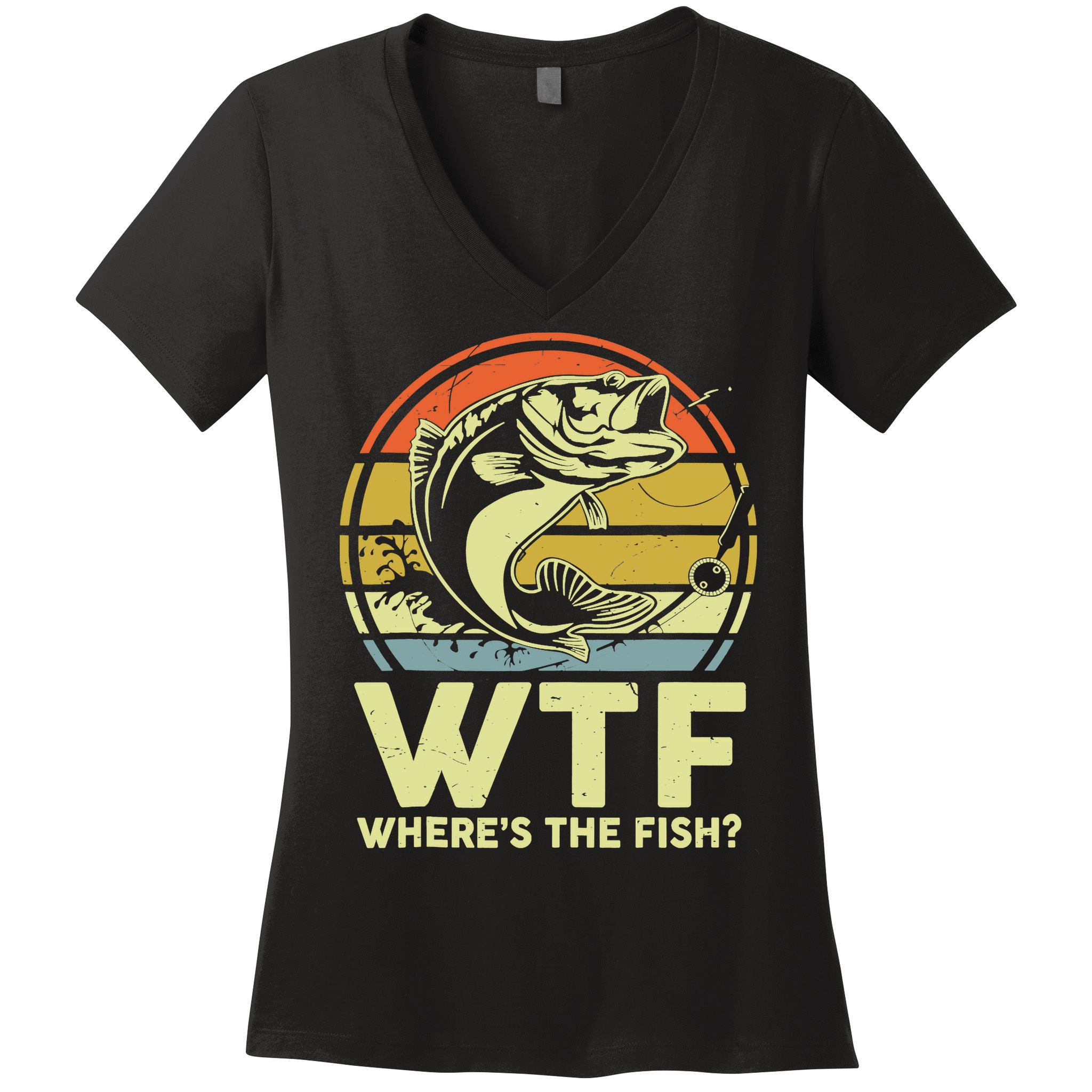 Fishing WTF Wheres The Fish Fisherman Funny Bass Dad Women's V-Neck T-Shirt