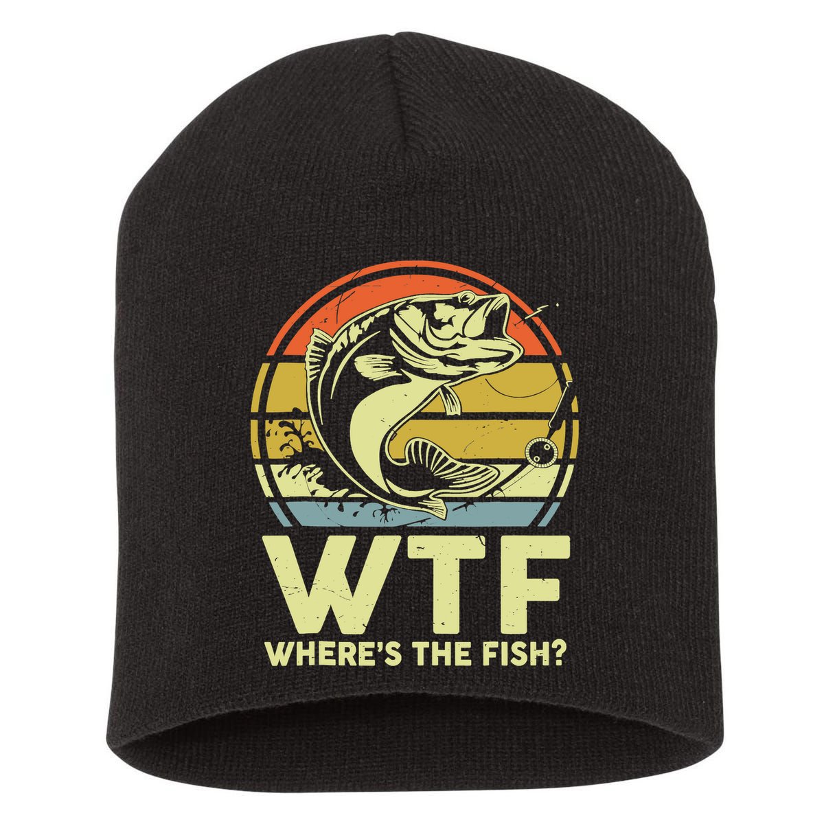 Fishing WTF Wheres The Fish Fisherman Funny Bass Dad Short Acrylic Beanie