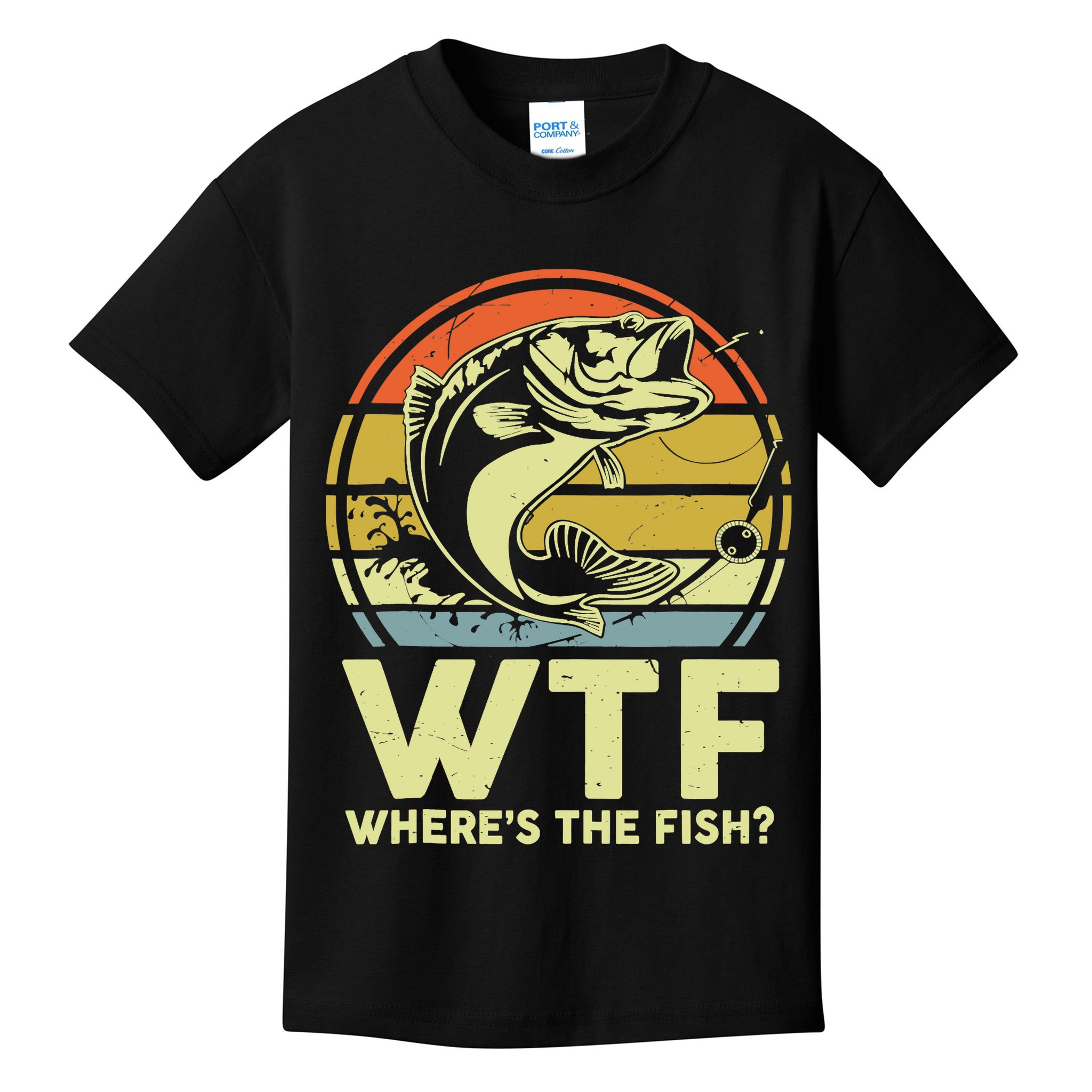 Fishing WTF Wheres The Fish Fisherman Funny Bass Dad Kids T-Shirt
