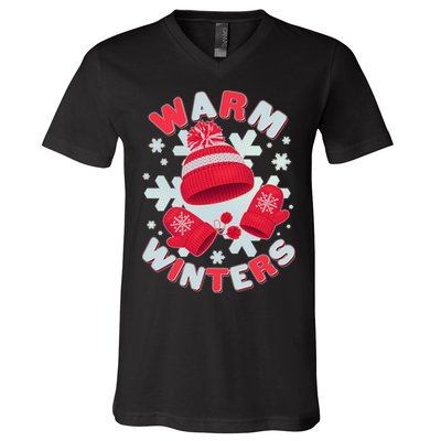 Festive Warm Winter Knit Hat And Gloves V-Neck T-Shirt