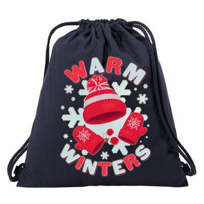 Festive Warm Winter Knit Hat And Gloves Drawstring Bag