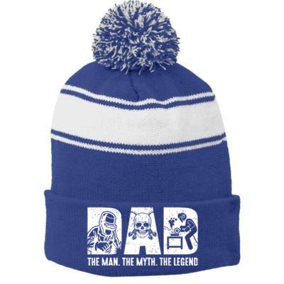 Funny Welder Welding Dad Myth Legend Fathers Day Gift Stripe Pom Pom Beanie