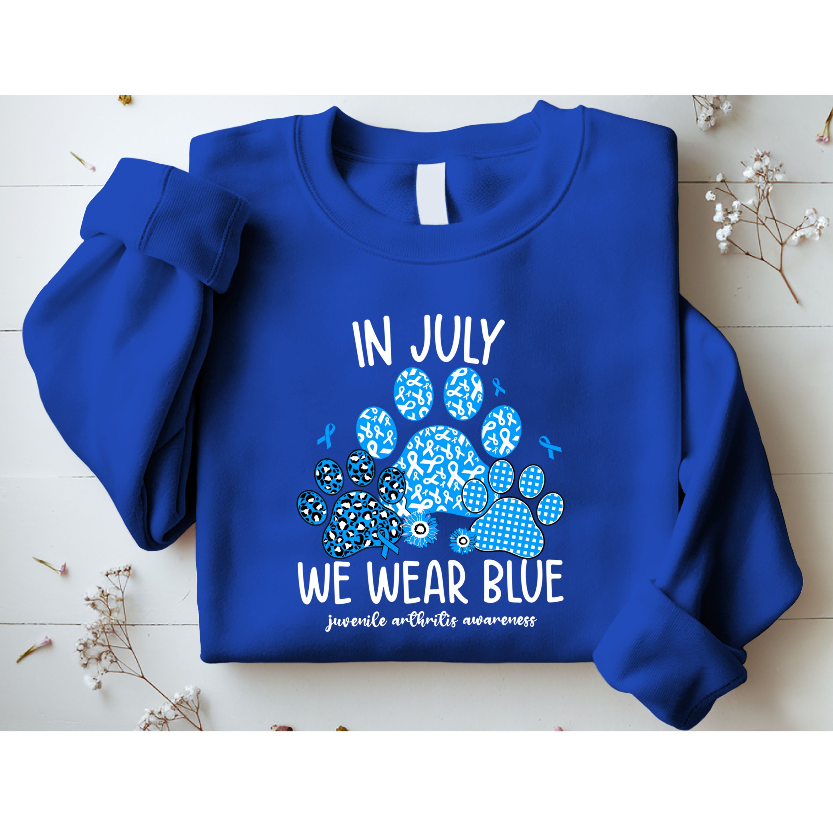 Funny We Wear Blue Dog Cat Paw Juvenile Arthritis Awareness Gift Sweatshirt