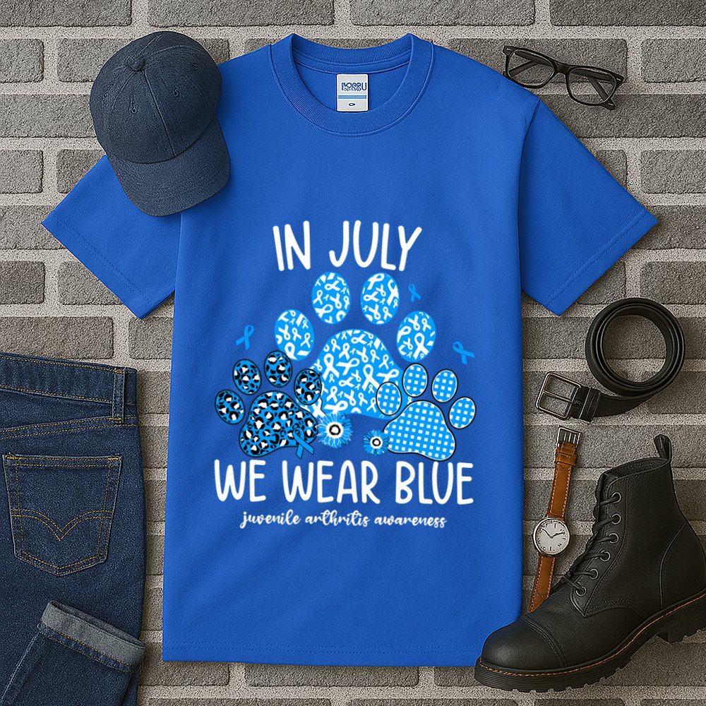 Funny We Wear Blue Dog Cat Paw Juvenile Arthritis Awareness Gift Tall T-Shirt