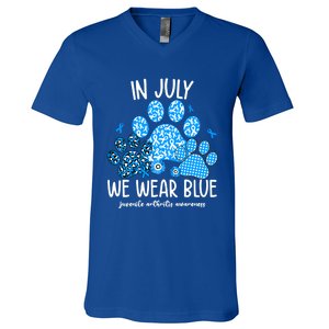 Funny We Wear Blue Dog Cat Paw Juvenile Arthritis Awareness Gift V-Neck T-Shirt