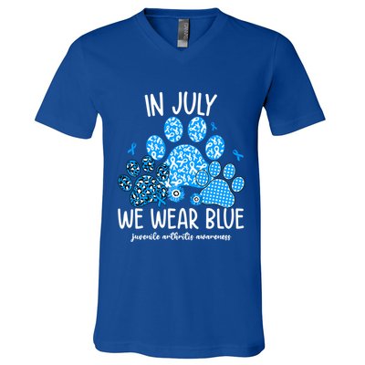 Funny We Wear Blue Dog Cat Paw Juvenile Arthritis Awareness Gift V-Neck T-Shirt