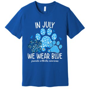 Funny We Wear Blue Dog Cat Paw Juvenile Arthritis Awareness Gift Premium T-Shirt