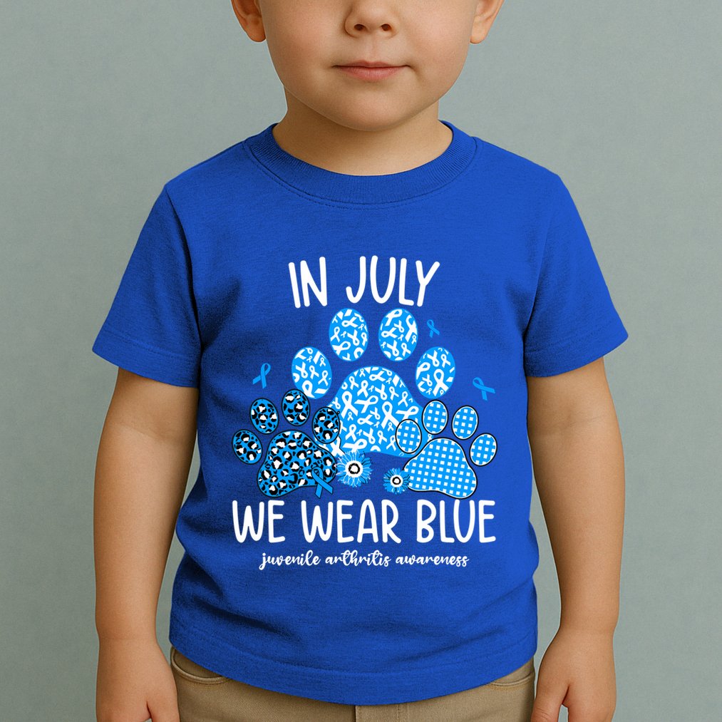 Funny We Wear Blue Dog Cat Paw Juvenile Arthritis Awareness Gift Toddler T-Shirt