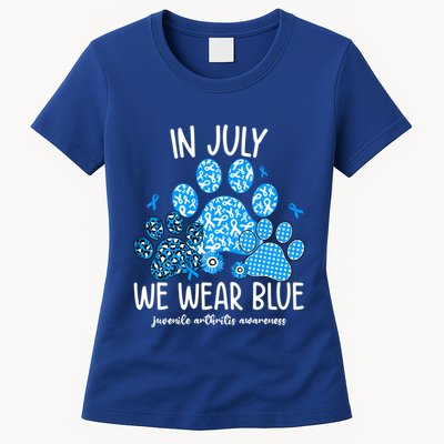 Funny We Wear Blue Dog Cat Paw Juvenile Arthritis Awareness Gift Womens T-Shirt