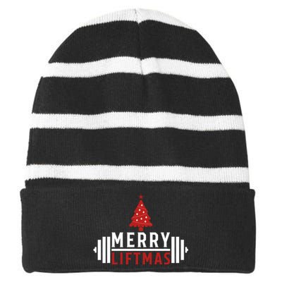 Funny Weightlifting Weight Lifters Merry Liftmas Christmas Striped Beanie with Solid Band