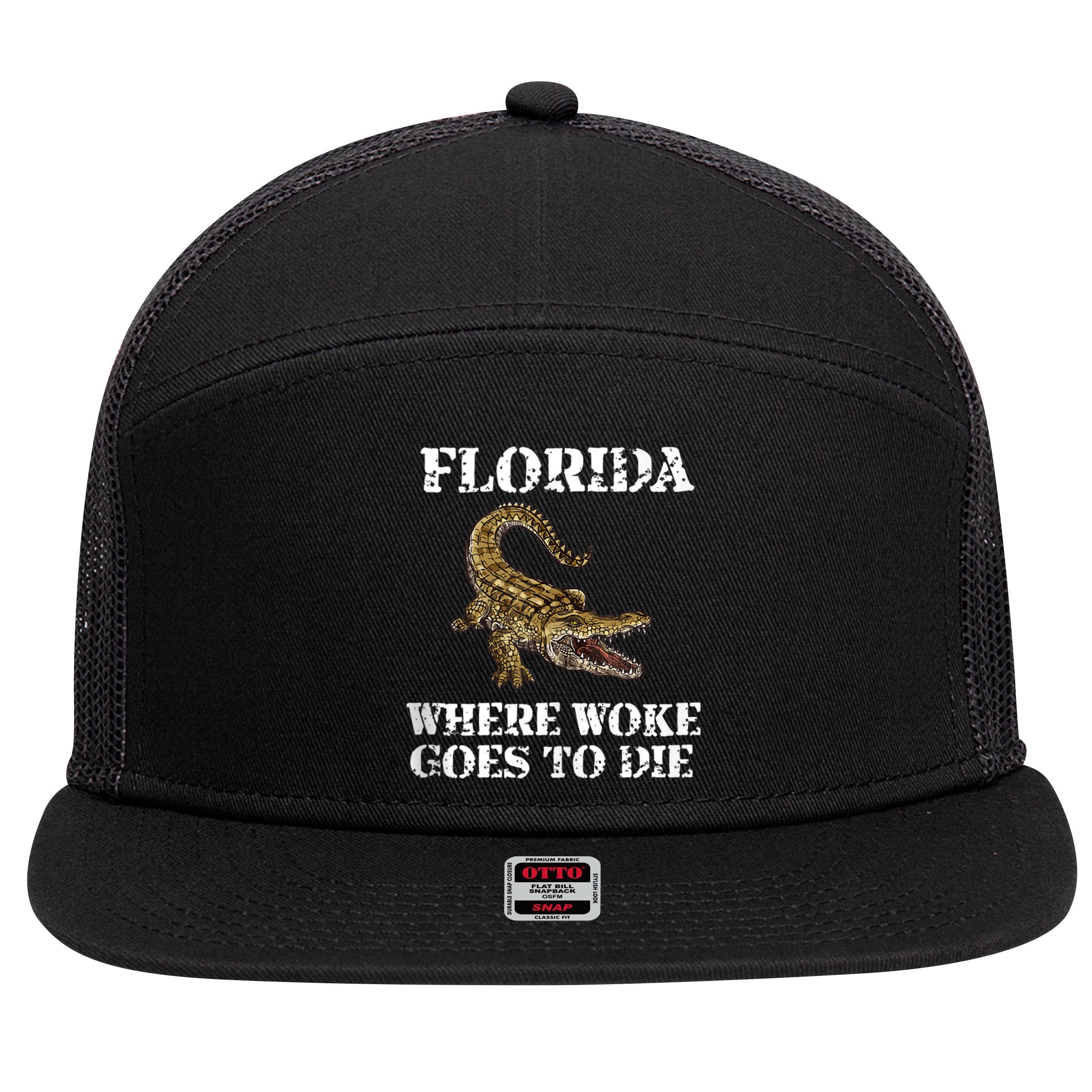 Florida Where Woke Goes To Die Alligator 7 Panel Mesh Trucker Snapback Hat