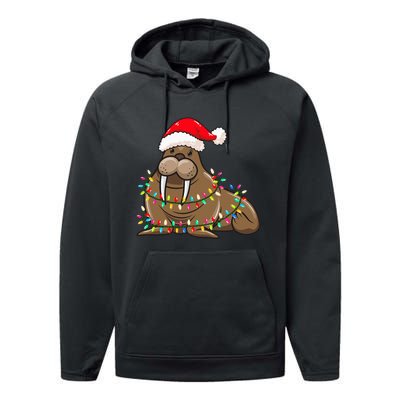 Festive Walrus with Christmas Lights Hat Perfect for Walrus Enthusiasts Performance Fleece Hoodie