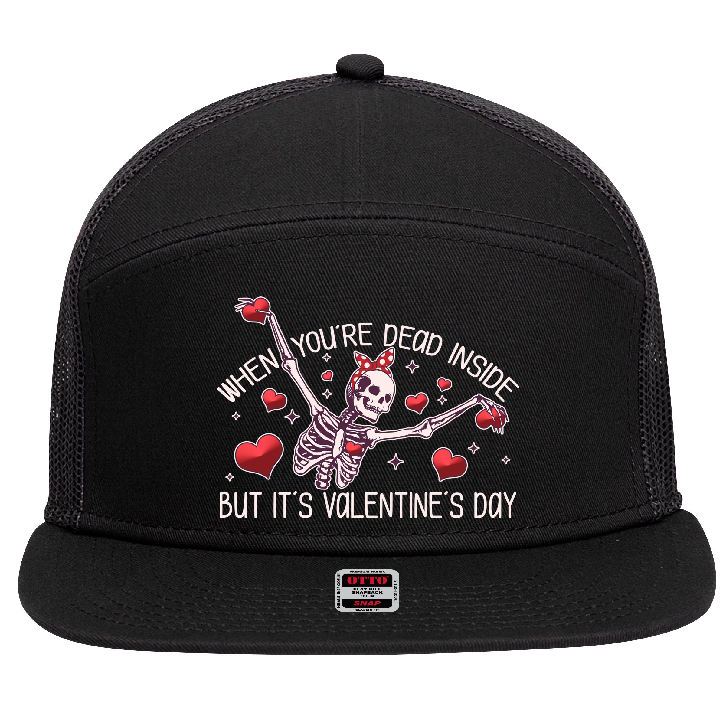 Funny When You're Dead Inside But It's Valentine's Day Heart Skeleton 7 Panel Mesh Trucker Snapback Hat