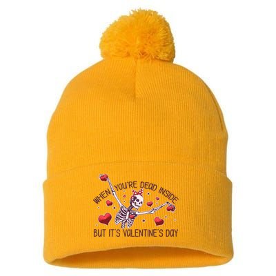 Funny When You're Dead Inside But It's Valentine's Day Heart Skeleton Pom Pom 12in Knit Beanie