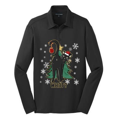 Funny Xmas Black Cat Christmas Lights Cat Lover Silk Touch Performance Long Sleeve Polo