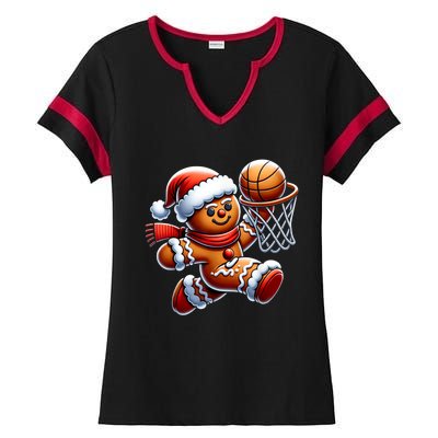 Funny Xmas Gingerbread Man Playing Basketball Christmas Gift Ladies Halftime Notch Neck Tee