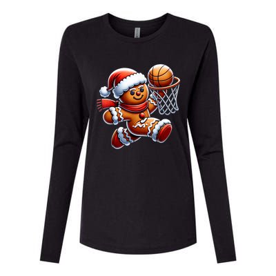 Funny Xmas Gingerbread Man Playing Basketball Christmas Gift Womens Cotton Relaxed Long Sleeve T-Shirt