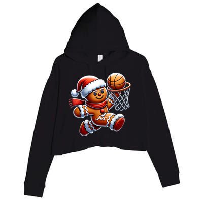 Funny Xmas Gingerbread Man Playing Basketball Christmas Gift Crop Fleece Hoodie