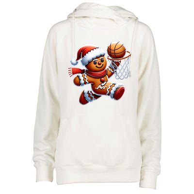 Funny Xmas Gingerbread Man Playing Basketball Christmas Gift Womens Funnel Neck Pullover Hood