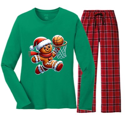 Funny Xmas Gingerbread Man Playing Basketball Christmas Gift Women's Long Sleeve Flannel Pajama Set 