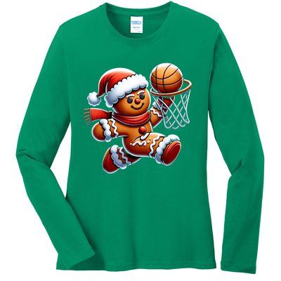 Funny Xmas Gingerbread Man Playing Basketball Christmas Gift Ladies Long Sleeve Shirt