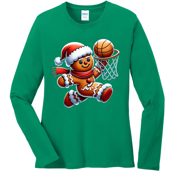 Funny Xmas Gingerbread Man Playing Basketball Christmas Gift Ladies Long Sleeve Shirt