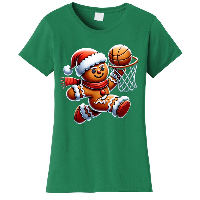 Funny Xmas Gingerbread Man Playing Basketball Christmas Gift Women's T-Shirt