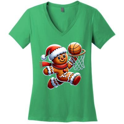 Funny Xmas Gingerbread Man Playing Basketball Christmas Gift Women's V-Neck T-Shirt