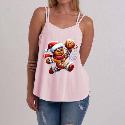 Funny Xmas Gingerbread Man Playing Basketball Christmas Gift Women's Strappy Tank