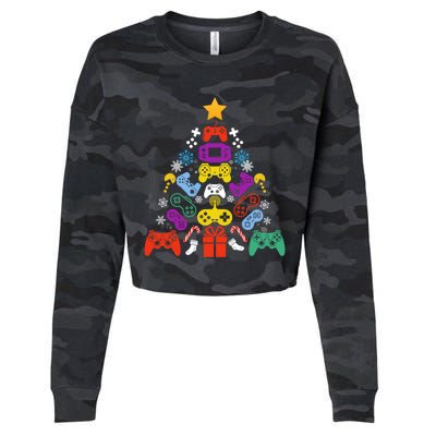 Funny Xmas Gamer Games Controllers Christmas Tree Boys Cool Gift Cropped Pullover Crew