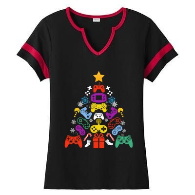 Funny Xmas Gamer Games Controllers Christmas Tree Boys Cool Gift Ladies Halftime Notch Neck Tee