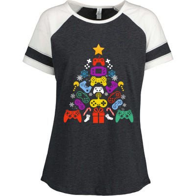 Funny Xmas Gamer Games Controllers Christmas Tree Boys Cool Gift Enza Ladies Jersey Colorblock Tee