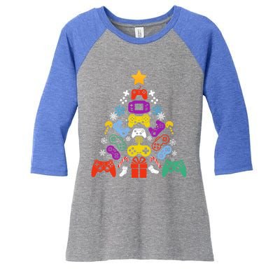 Funny Xmas Gamer Games Controllers Christmas Tree Boys Cool Gift Women's Tri-Blend 3/4-Sleeve Raglan Shirt