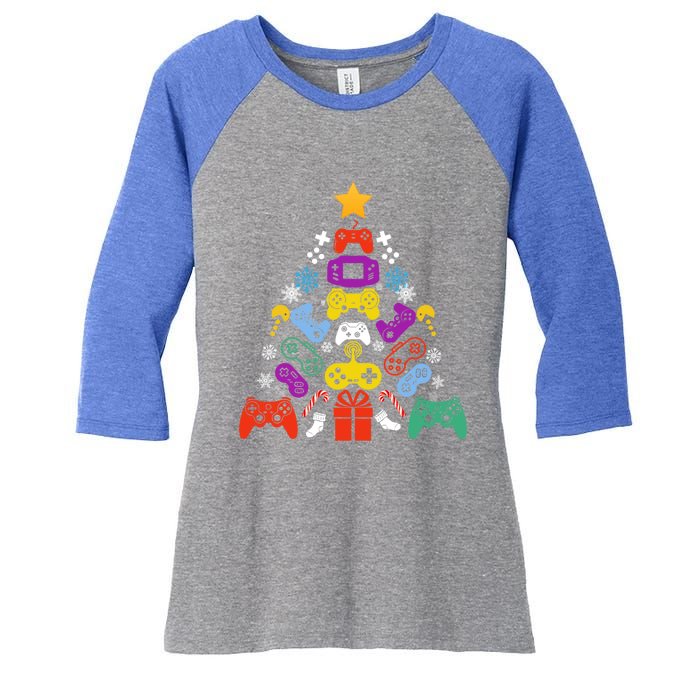 Funny Xmas Gamer Games Controllers Christmas Tree Boys Cool Gift Women's Tri-Blend 3/4-Sleeve Raglan Shirt