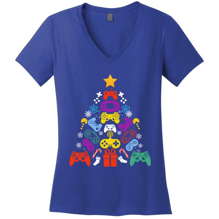 Funny Xmas Gamer Games Controllers Christmas Tree Boys Cool Gift Women's V-Neck T-Shirt