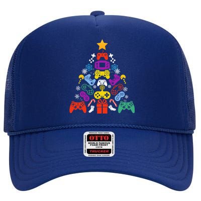 Funny Xmas Gamer Games Controllers Christmas Tree Boys Cool Gift High Crown Mesh Back Trucker Hat