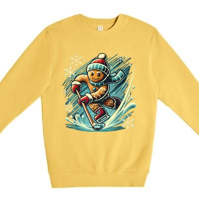 Funny Xmas Gingerbread Playing Ice Hockey Lovers Christmas Gift Premium Crewneck Sweatshirt