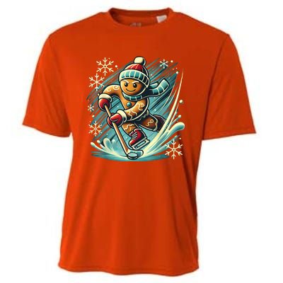 Funny Xmas Gingerbread Playing Ice Hockey Lovers Christmas Gift Cooling Performance Crew T-Shirt