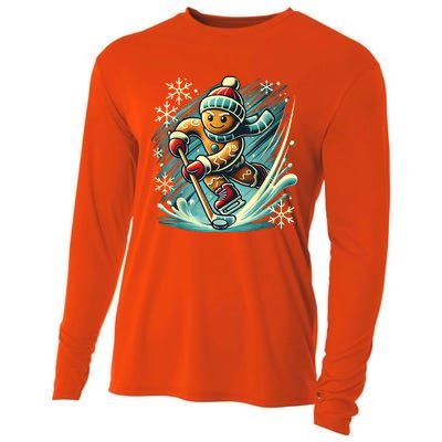 Funny Xmas Gingerbread Playing Ice Hockey Lovers Christmas Gift Cooling Performance Long Sleeve Crew