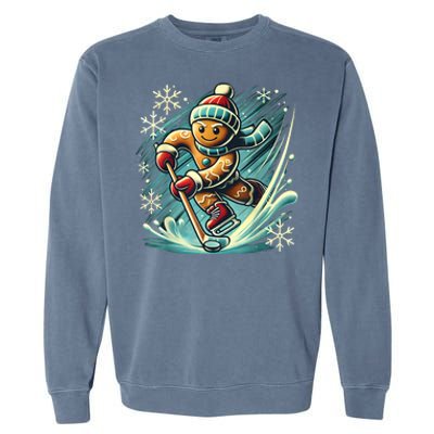 Funny Xmas Gingerbread Playing Ice Hockey Lovers Christmas Gift Garment-Dyed Sweatshirt