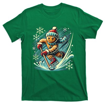 Funny Xmas Gingerbread Playing Ice Hockey Lovers Christmas Gift T-Shirt