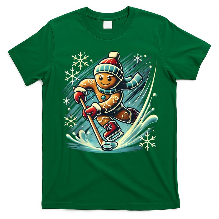 Funny Xmas Gingerbread Playing Ice Hockey Lovers Christmas Gift T-Shirt