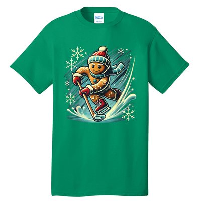 Funny Xmas Gingerbread Playing Ice Hockey Lovers Christmas Gift Tall T-Shirt